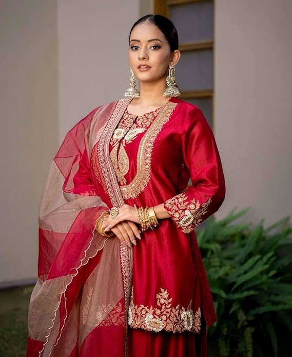 Women's Chinon Silk Sequence Embroidery Work Straight Kurti with Sharara Suit and Dupatta Set
