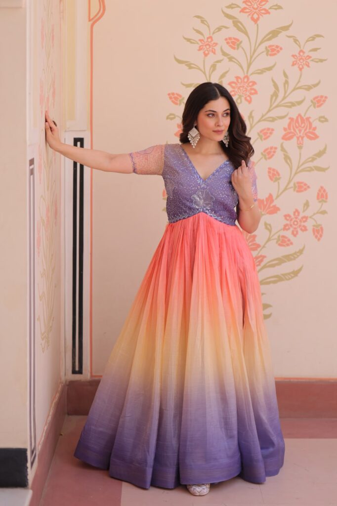 Women’s Dual-Tone Ombre Gown in Candy Pink & Aqua Green with Embroidered Bodice – Festive & Contemporary Wear