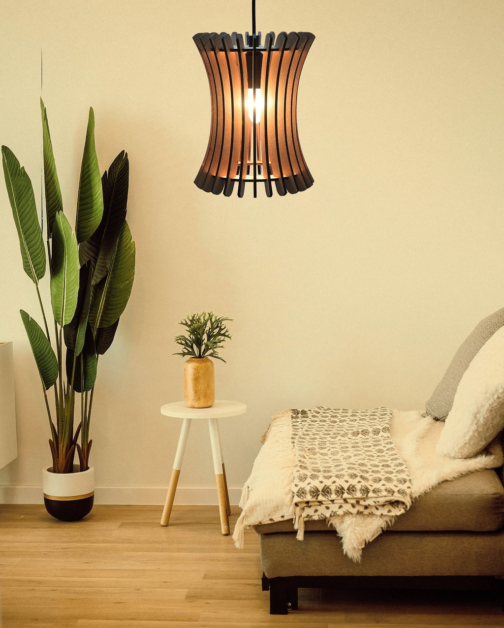 Wooden Pendant Light for Living Room, Dining Room & Bedroom | Modern Hanging Ceiling Lamp (20 x 20 x 108 cm)