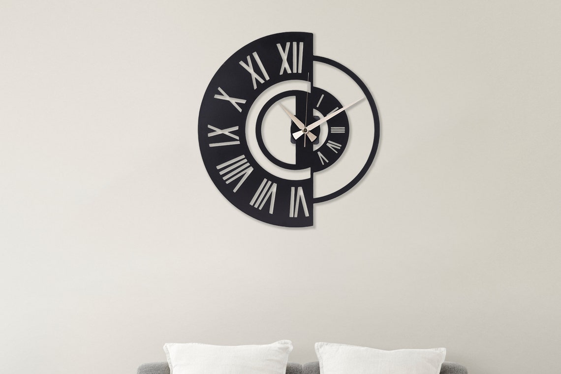 Roman Numeral Metal Wall Clock 38 cm – Half & Half Black Modern Wall Clock for Living Room, Office & Home Decoration