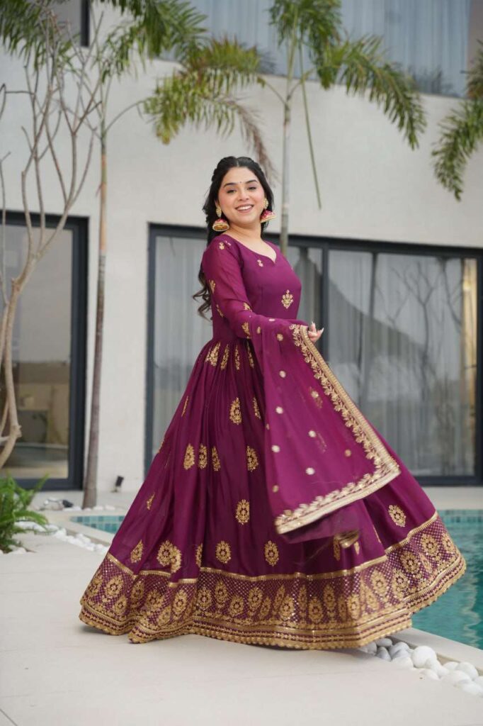 Women’s Ethnic Anarkali Style Floor-Length Gown in Magenta with Golden Zari Embroidery – Festive & Wedding Wear