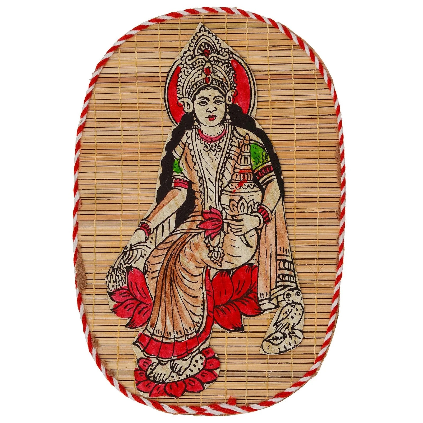 Hand-Painted Bamboo Wall Hanging – Goddess Lakshmi Folk Art Decor