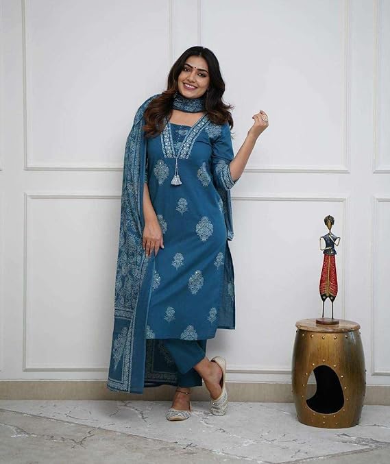 Women's Cotton Printed Straight Kurti with Pant and Dupatta Set