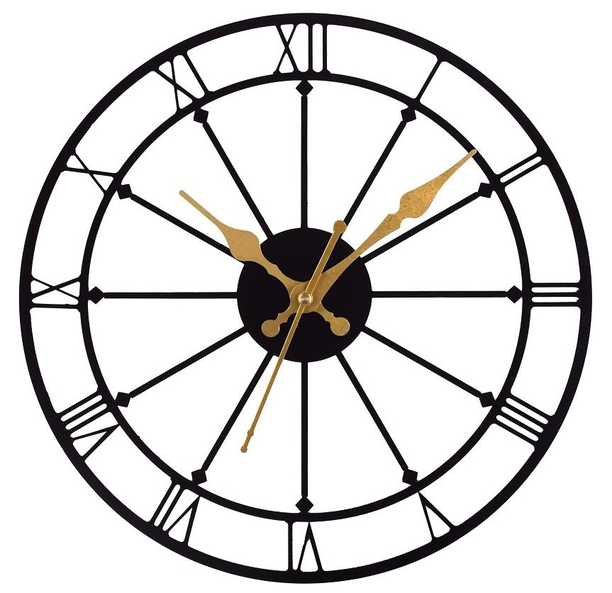 Roman Numeral Metal Wall Clock 39 cm – Black & Gold Vintage Wall Clock for Home, Living Room, Office & Café Decoration