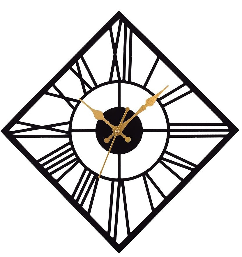 Roman Numeral Wall Clock 37 CM – Black & Gold Diamond Shape Designer Clock for Home, Living Room & Office