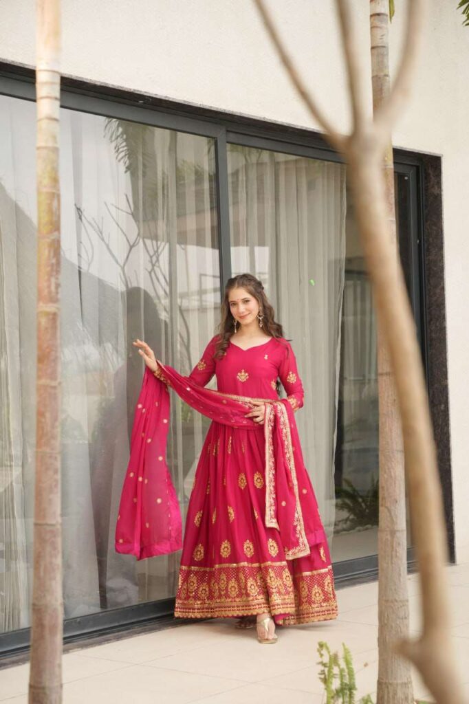 Women’s Ethnic Anarkali Style Floor-Length Gown in Magenta with Golden Zari Embroidery – Festive & Wedding Wear