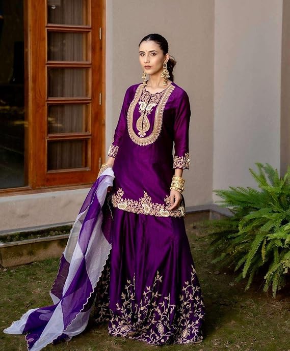 Women's Chinon Silk Sequence Embroidery Work Straight Kurti with Sharara Suit and Dupatta Set