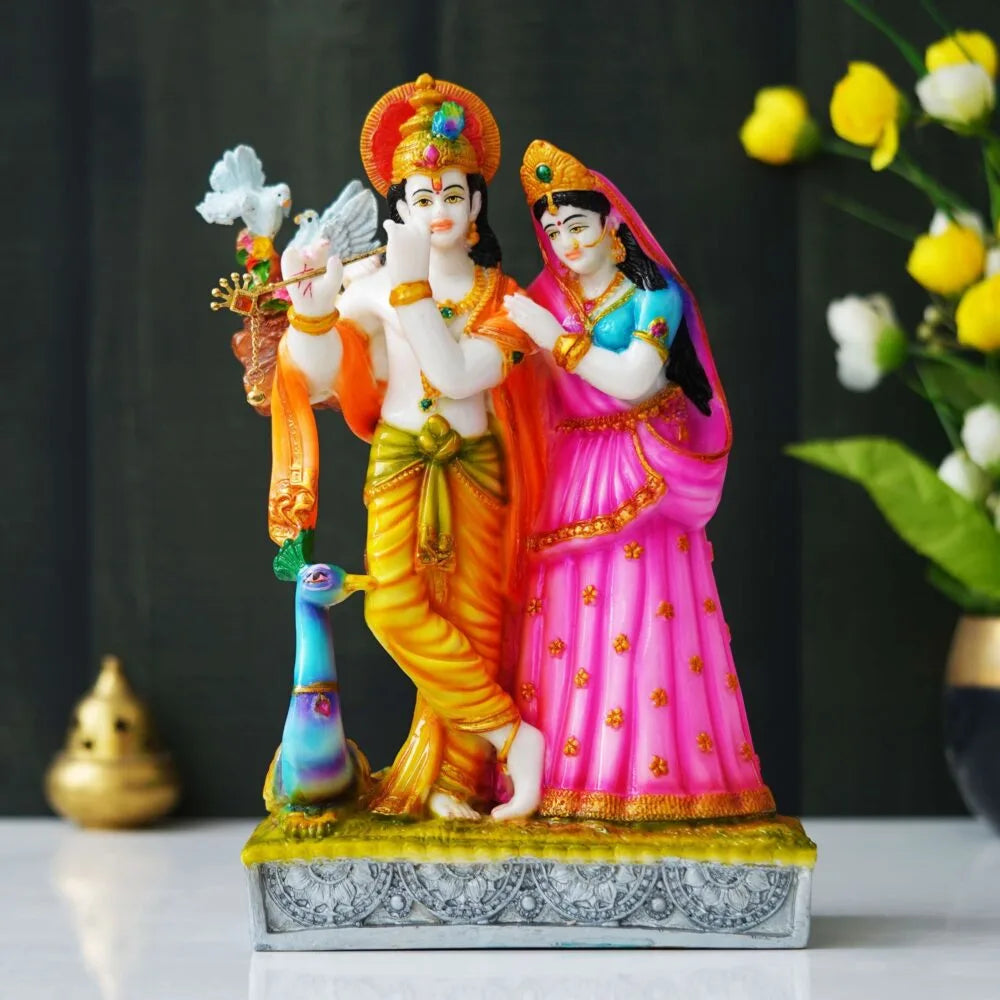 Radha Krishna Idol – 12 Inch Murti with Peacock for Home Temple, Puja & Decoration