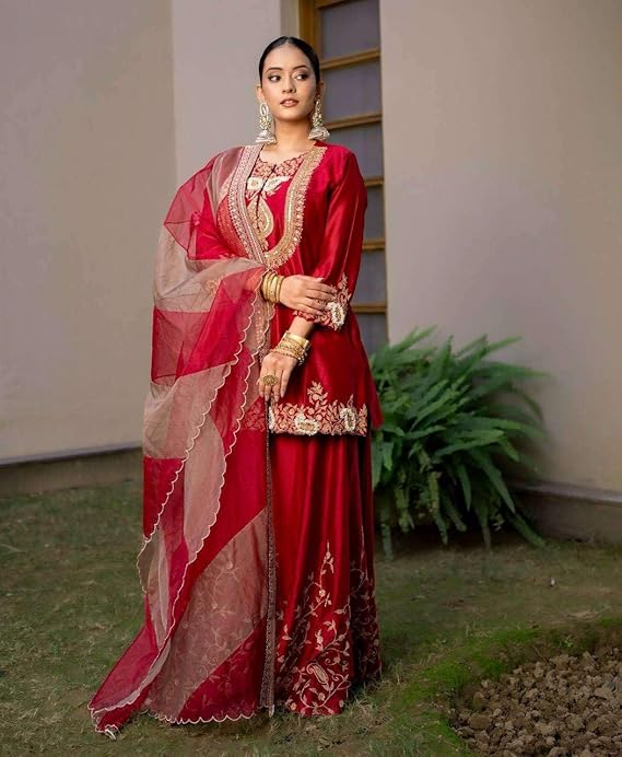 Women's Chinon Silk Sequence Embroidery Work Straight Kurti with Sharara Suit and Dupatta Set