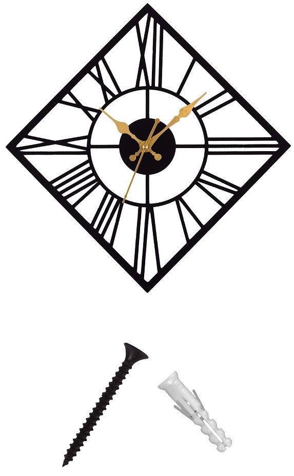 Roman Numeral Wall Clock 37 CM – Black & Gold Diamond Shape Designer Clock for Home, Living Room & Office