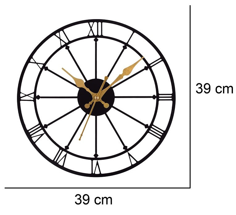Roman Numeral Metal Wall Clock 39 cm – Black & Gold Vintage Wall Clock for Home, Living Room, Office & Café Decoration