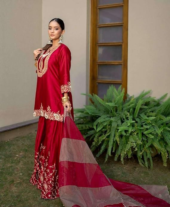 Women's Chinon Silk Sequence Embroidery Work Straight Kurti with Sharara Suit and Dupatta Set