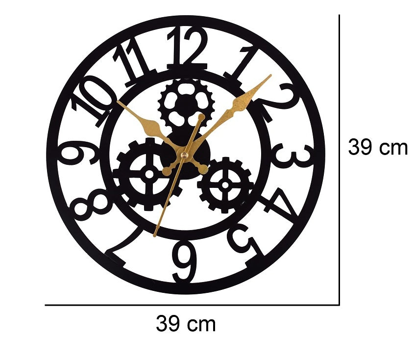 Gear Design Wall Clock 39 CM – Modern Black & Gold Decorative Wall Clock for Home, Living Room & Office