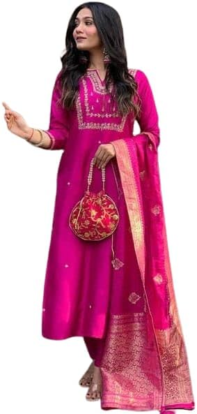 Women's Silk Embroidered Straight Kurta Set with Banarasi Dupatta | Festive & Wedding Wear
