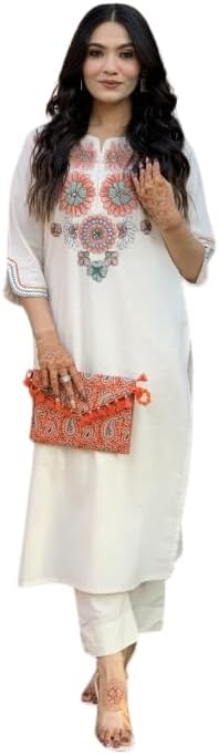 Women's White Cotton Embroidered Straight Kurta Set with Pant | Elegant Ethnic Wear
