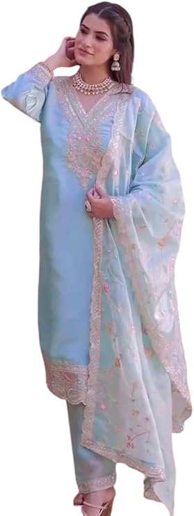 Women's Chinon Silk Embroidered Straight Salwar Suit with Dupatta | Elegant Festive Wear