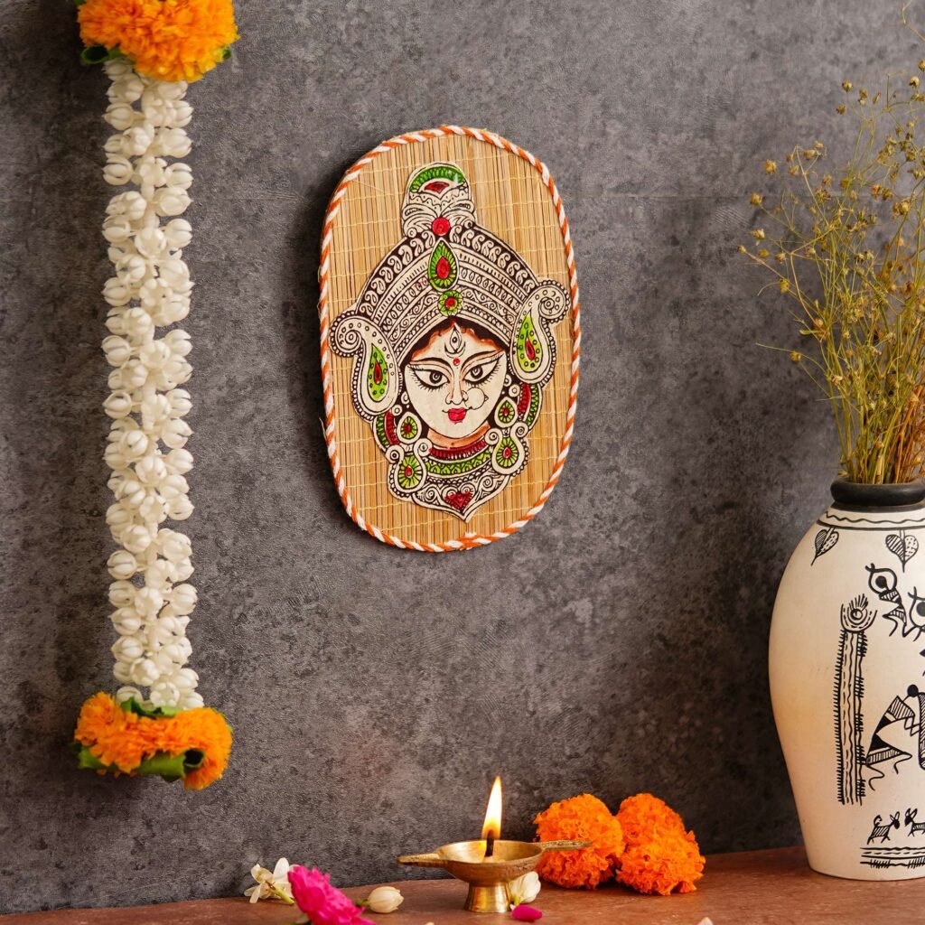 Hand-Painted Durga Wall Hanging – Bamboo Goddess Durga Face Folk Art