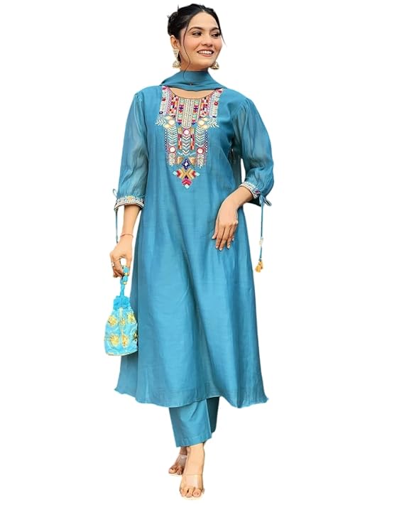 Women's Cotton Mirror Work Embroidered Straight Kurti with Pant and Dupatta Set
