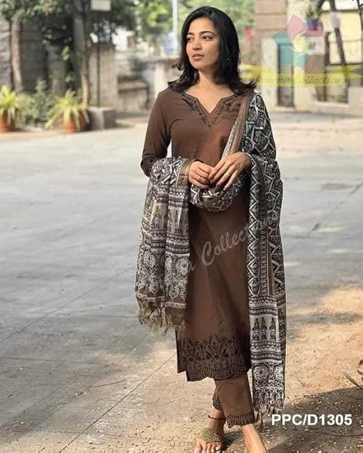 Women Pure Cotton Embroidery Straight Kurti with Pant & Dupatta Set (Brown)