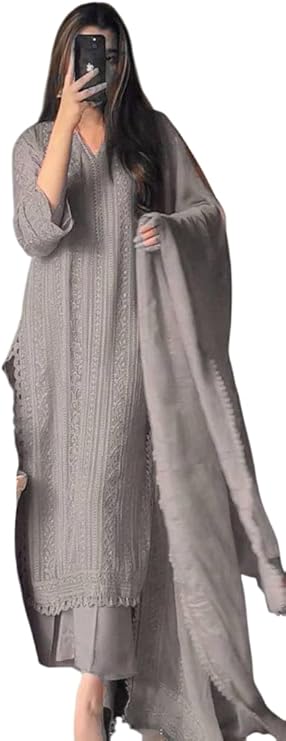 Women's Chinon Silk Embroidered Straight Kurti Set with Pant & Dupatta | Elegant Ethnic Wear