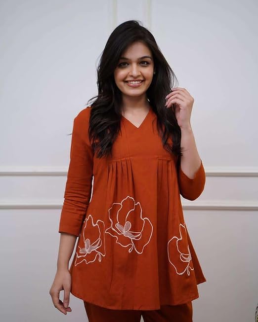 Cotton Rose Printed Short Anarkali Kurta with Pant Cord Set