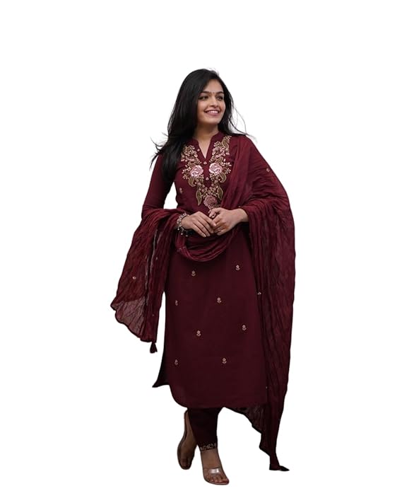 Women's Cotton Embroidery work Straight kurti with Pant & mulmul dupatta set