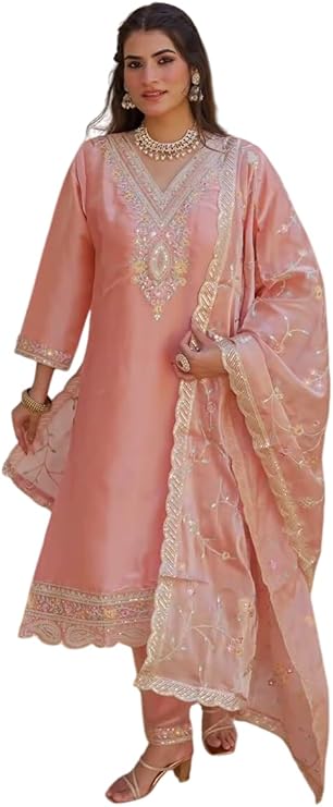 Women's Chinon Silk Embroidered Straight Salwar Suit with Dupatta | Elegant Festive Wear