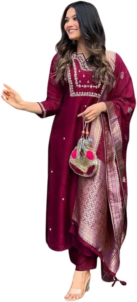 Women's Silk Embroidered Straight Kurta Set with Banarasi Dupatta | Festive & Wedding Wear