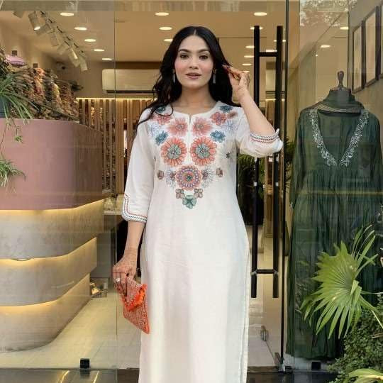 Women's White Cotton Embroidered Straight Kurta Set with Pant | Elegant Ethnic Wear