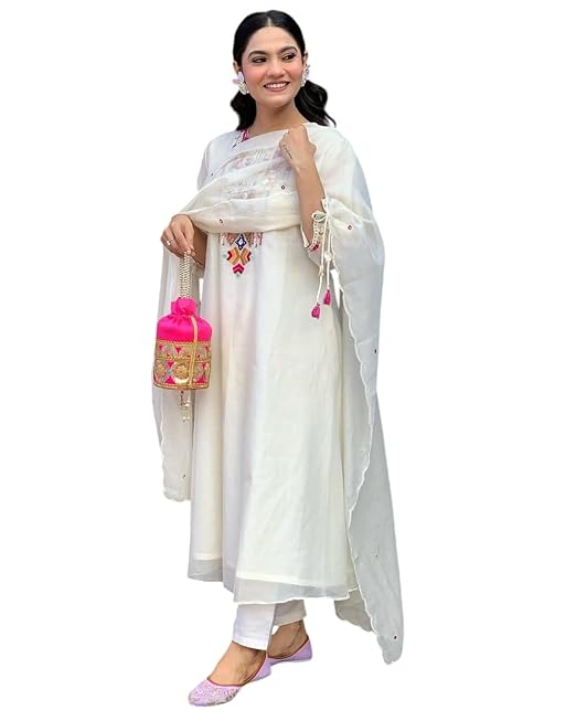 Women's Cotton Mirror Work Embroidered Straight Kurti with Pant and Dupatta Set