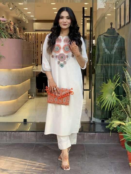 Women's White Cotton Embroidered Straight Kurta Set with Pant | Elegant Ethnic Wear