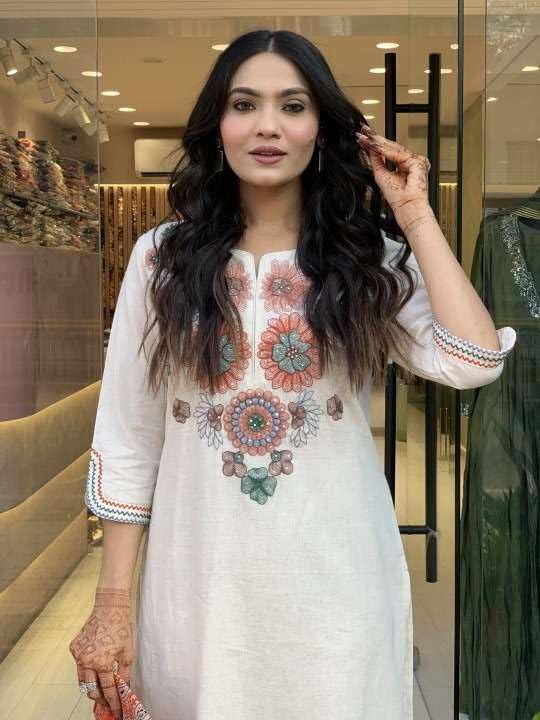 Women's White Cotton Embroidered Straight Kurta Set with Pant | Elegant Ethnic Wear