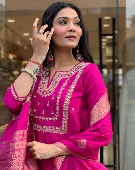 Women's Silk Embroidered Straight Kurta Set with Banarasi Dupatta | Festive & Wedding Wear