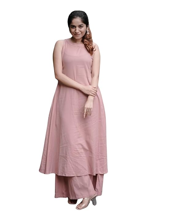 Women's Cotton Plain Flared Sleeveless Kurta with Palazzo