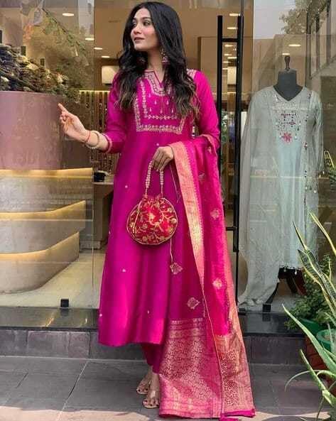 Women's Silk Embroidered Straight Kurta Set with Banarasi Dupatta | Festive & Wedding Wear