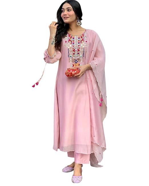 Women's Cotton Mirror Work Embroidered Straight Kurti with Pant and Dupatta Set