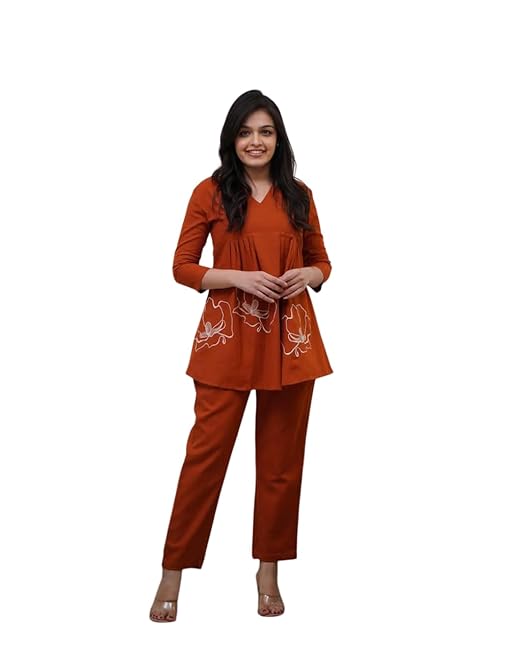 Cotton Rose Printed Short Anarkali Kurta with Pant Cord Set