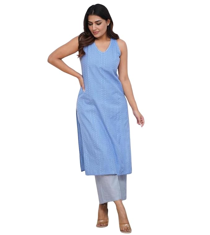 Women's Cotton Printed Sleeveless Straight Kurti with Pant Set
