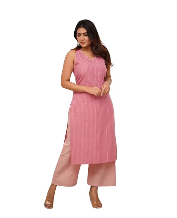 Women's Cotton Printed Sleeveless Straight Kurti with Pant Set