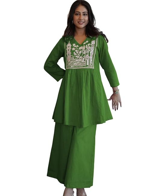Women's Cotton Embroidered Short Anarkali Kurti with Pant