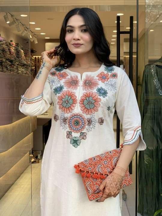 Women's White Cotton Embroidered Straight Kurta Set with Pant | Elegant Ethnic Wear