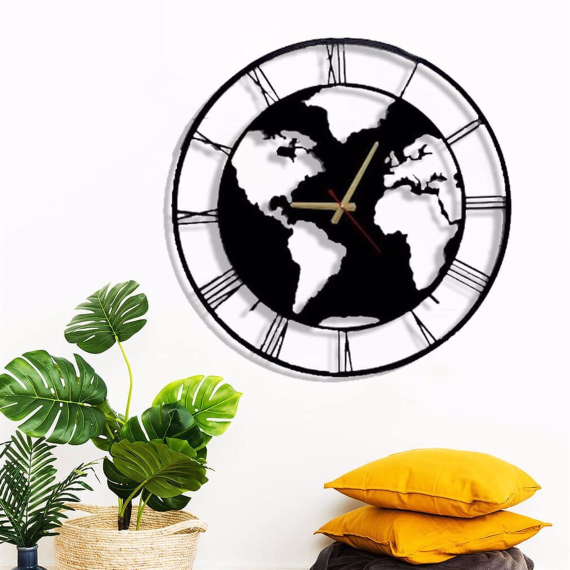 World Map Wall Clock 38 CM – Stylish Metal Wall Clock for Living Room, Office & Home Décor