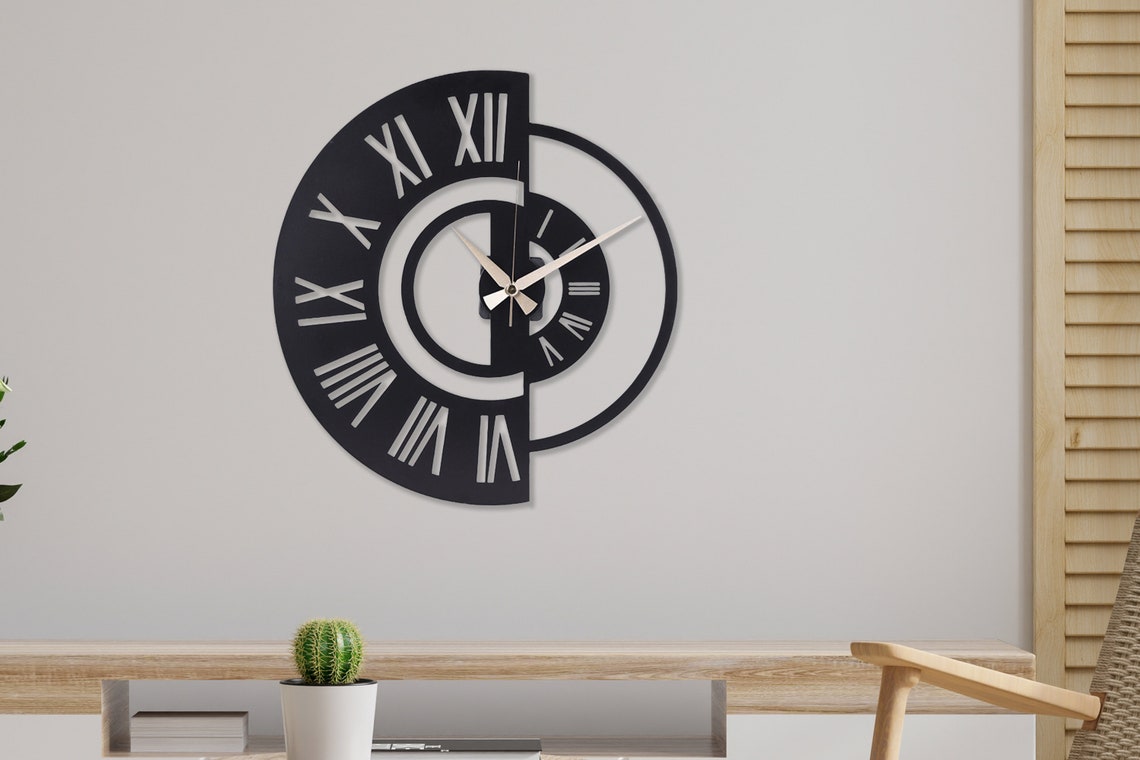 Roman Numeral Metal Wall Clock 38 cm – Half & Half Black Modern Wall Clock for Living Room, Office & Home Decoration