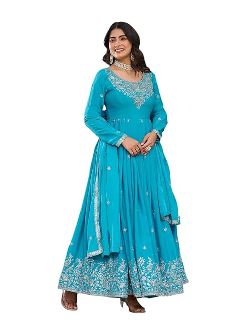 Women's American Silk Sequence Embroidery Long Anarkali Kurti (Gown) with Dupatta