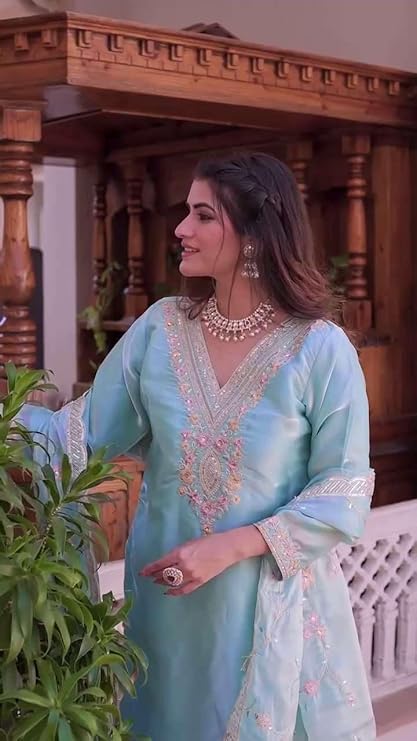 Women's Chinon Silk Embroidered Straight Salwar Suit with Dupatta | Elegant Festive Wear