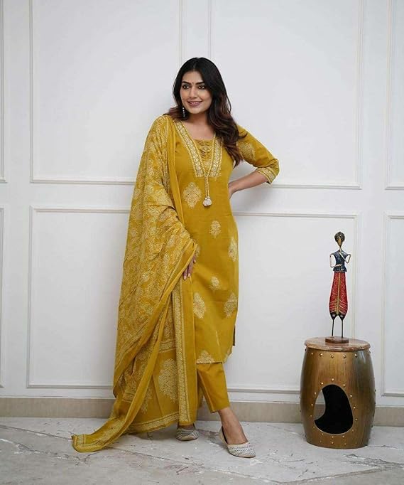 Women's Cotton Printed Straight Kurti with Pant and Dupatta Set