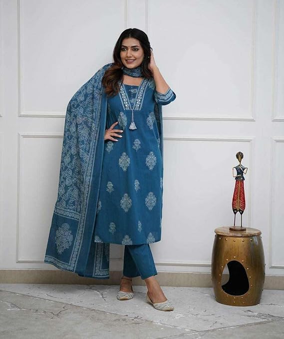 Women's Cotton Printed Straight Kurti with Pant and Dupatta Set