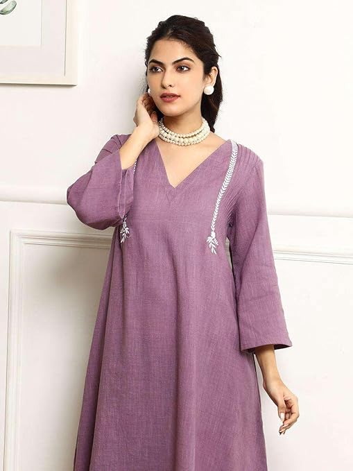 Women's Cotton Embroidered Straight Kurta & Pant with Dupatta Set (Purple)
