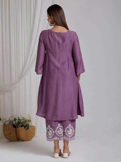 Women's Cotton Embroidered Straight Kurta & Pant with Dupatta Set (Purple)