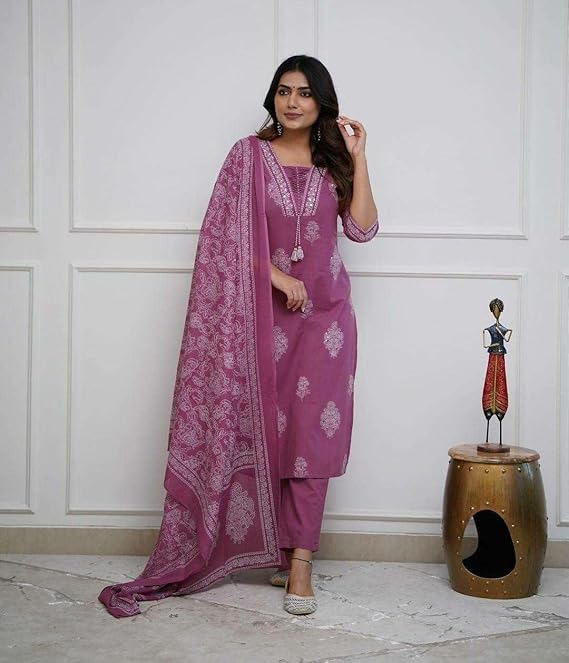 Women's Cotton Printed Straight Kurti with Pant and Dupatta Set